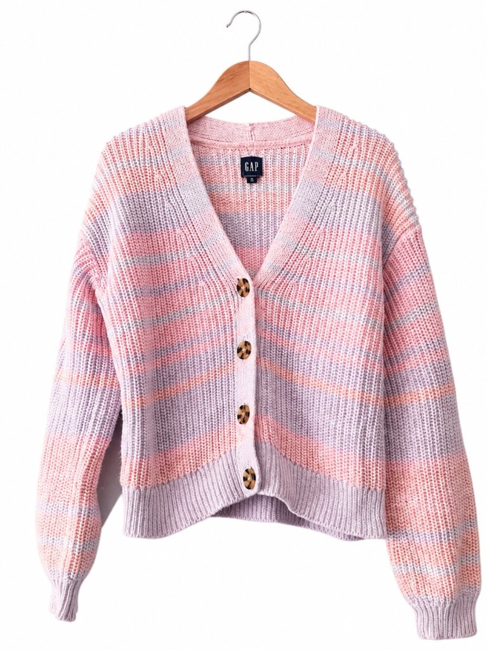 Gap Pastel Pink Purple Striped Cotton Knit Preppy Cardigan Sweater Sz M